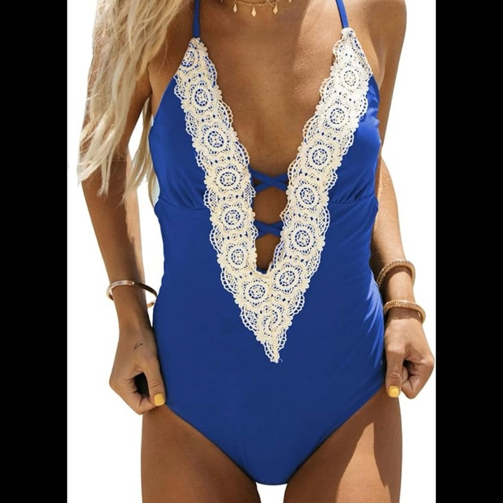 Cupshe Blue Deep V-Neck Lace Trimmed Women's Bathing suit Size Large